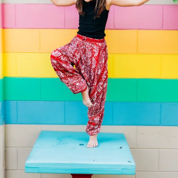 Kids Red Lotus Harem Pant Unisex Cotton Printed Travel Boho Hippie Pants Red - Picture 6 of 9